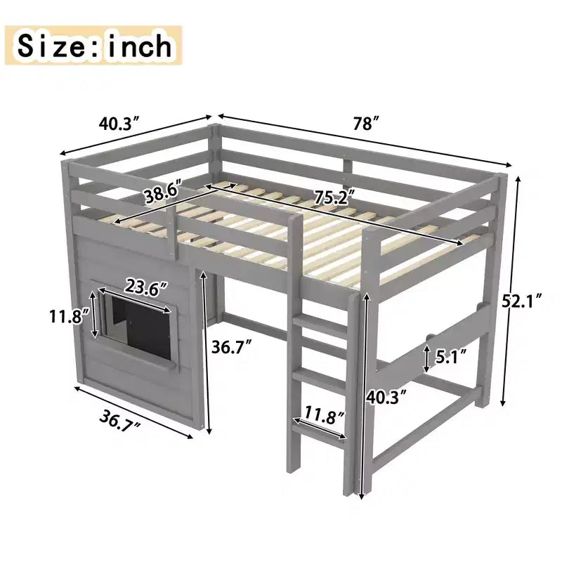 Lit mezzanine cabane TUYOHW pour enfants avec tableau noir, cadre de lit double en bois avec espace de jeu et étagère intégrée, superposé de style cabane en bois de pin pour garçons et filles