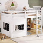 Lit mezzanine cabane TUYOHW pour enfants avec tableau noir, cadre de lit double en bois avec espace de jeu et étagère intégrée, superposé de style cabane en bois de pin pour garçons et filles
