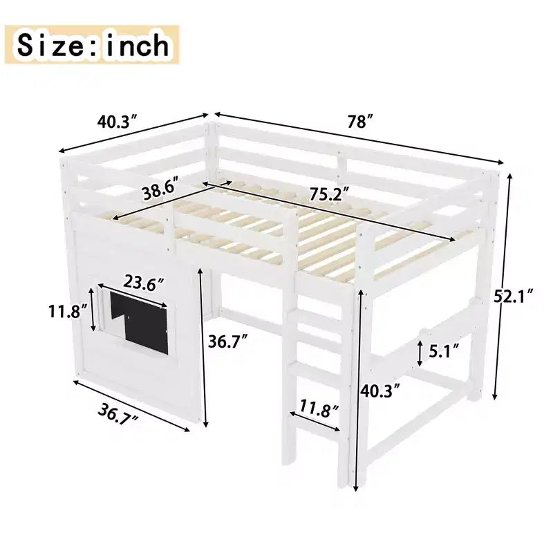 Lit mezzanine cabane TUYOHW pour enfants avec tableau noir, cadre de lit double en bois avec espace de jeu et étagère intégrée, superposé de style cabane en bois de pin pour garçons et filles