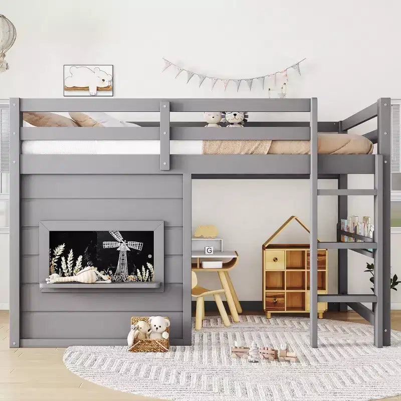 Lit mezzanine cabane TUYOHW pour enfants avec tableau noir, cadre de lit double en bois avec espace de jeu et étagère intégrée, superposé de style cabane en bois de pin pour garçons et filles