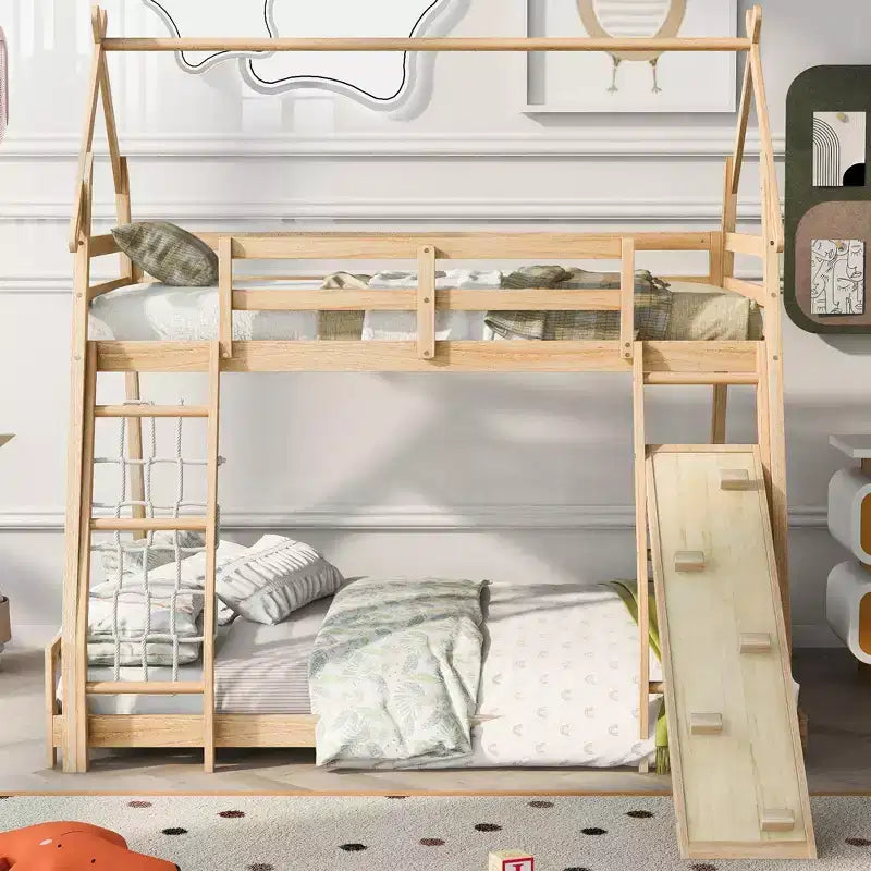 Lit superposé TUYOHW jumeau sur grand lit avec filets et rampe d'escalade, cadre de lit superposé en bois avec garde-corps de sécurité pour enfants et adolescents