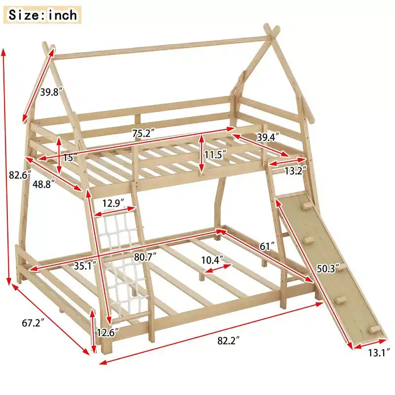 Lit superposé TUYOHW jumeau sur grand lit avec filets et rampe d'escalade, cadre de lit superposé en bois avec garde-corps de sécurité pour enfants et adolescents