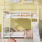 Lit superposé TUYOHW jumeau sur grand lit avec filets et rampe d'escalade, cadre de lit superposé en bois avec garde-corps de sécurité pour enfants et adolescents