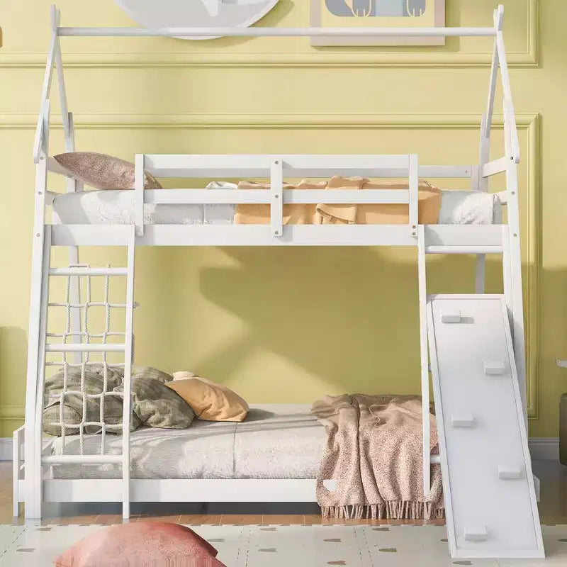 Lit superposé TUYOHW jumeau sur grand lit avec filets et rampe d'escalade, cadre de lit superposé en bois avec garde-corps de sécurité pour enfants et adolescents