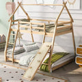 Lit superposé TUYOHW jumeau sur grand lit avec filets et rampe d'escalade, cadre de lit superposé en bois avec garde-corps de sécurité pour enfants et adolescents