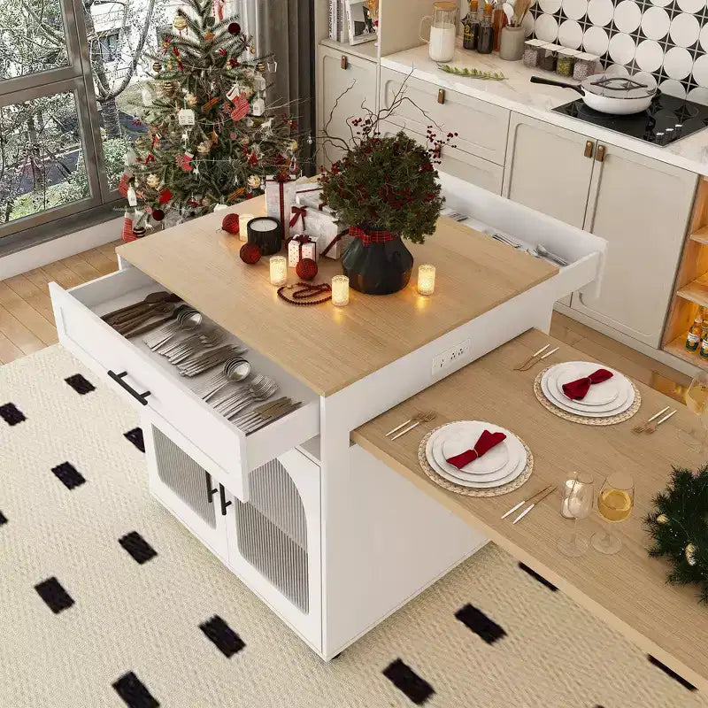 JVNOXKÎlot de cuisine mobile extensible de 80 pouces avec table à manger, 2 tiroirs, comptoir en grain de bois massif avec prise de courant, blanc