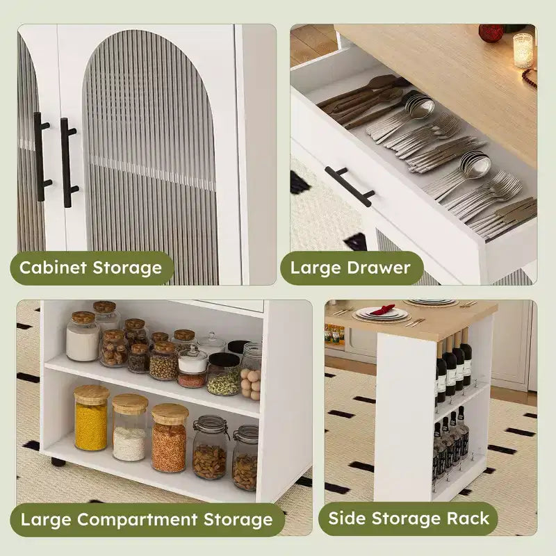 JVNOXKÎlot de cuisine mobile extensible de 80 pouces avec table à manger, 2 tiroirs, comptoir en grain de bois massif avec prise de courant, blanc