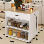 JVNOXKÎlot de cuisine mobile extensible de 80 pouces avec table à manger, 2 tiroirs, comptoir en grain de bois massif avec prise de courant, blanc