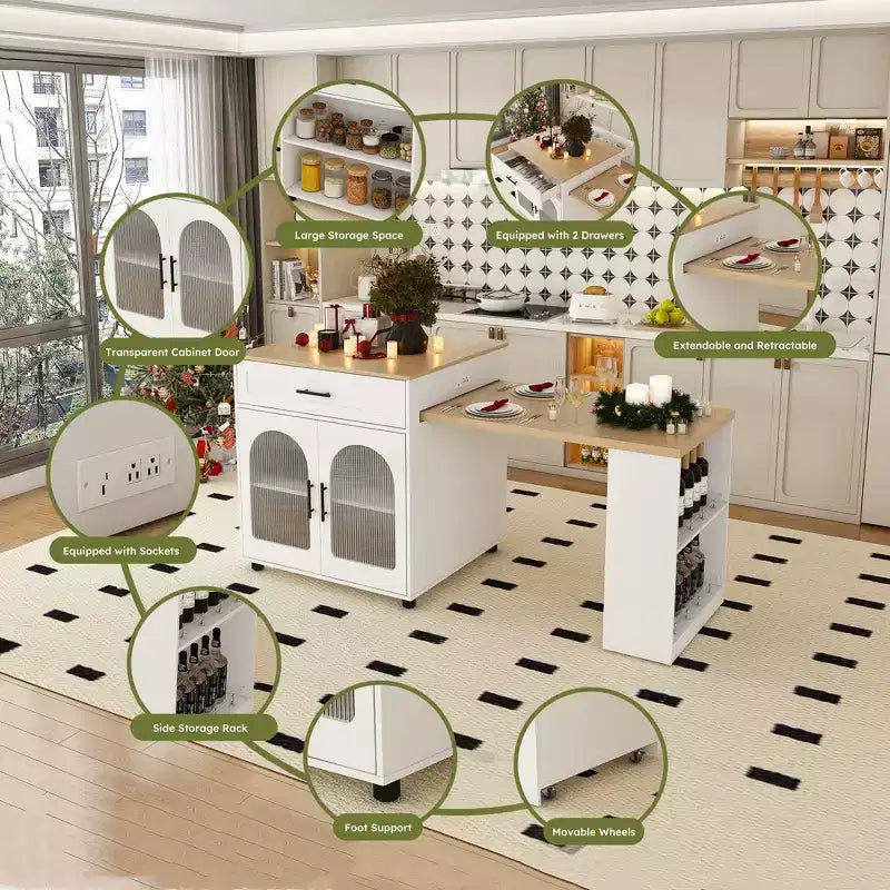 JVNOXKÎlot de cuisine mobile extensible de 80 pouces avec table à manger, 2 tiroirs, comptoir en grain de bois massif avec prise de courant, blanc