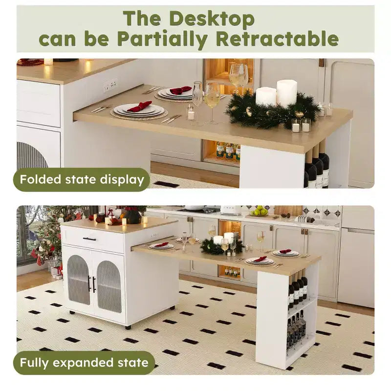 JVNOXKÎlot de cuisine mobile extensible de 80 pouces avec table à manger, 2 tiroirs, comptoir en grain de bois massif avec prise de courant, blanc
