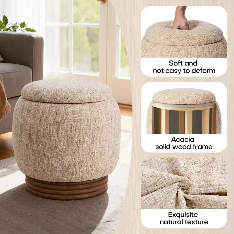 Pouf de rangement rond Bekrvio avec couvercle rabattable, repose-pieds rembourré en laine d'agneau/chenille avec cadre en bois d'acacia massif (227 kg), pouf d'appoint pour salon