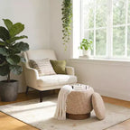 Pouf de rangement rond Bekrvio avec couvercle rabattable, repose-pieds rembourré en laine d'agneau/chenille avec cadre en bois d'acacia massif (227 kg), pouf d'appoint pour salon
