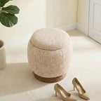 Pouf de rangement rond Bekrvio avec couvercle rabattable, repose-pieds rembourré en laine d'agneau/chenille avec cadre en bois d'acacia massif (227 kg), pouf d'appoint pour salon