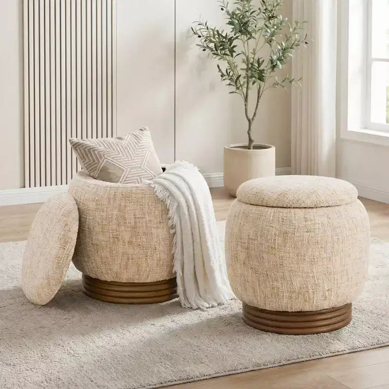 Pouf de rangement rond Bekrvio avec couvercle rabattable, repose-pieds rembourré en laine d'agneau/chenille avec cadre en bois d'acacia massif (227 kg), pouf d'appoint pour salon