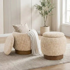 Pouf de rangement rond Bekrvio avec couvercle rabattable, repose-pieds rembourré en laine d'agneau/chenille avec cadre en bois d'acacia massif (227 kg), pouf d'appoint pour salon