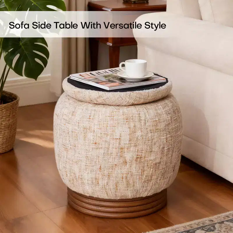 Pouf de rangement rond Bekrvio avec couvercle rabattable, repose-pieds rembourré en laine d'agneau/chenille avec cadre en bois d'acacia massif (227 kg), pouf d'appoint pour salon