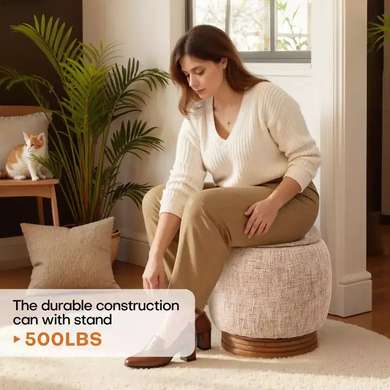 Pouf de rangement rond Bekrvio avec couvercle rabattable, repose-pieds rembourré en laine d'agneau/chenille avec cadre en bois d'acacia massif (227 kg), pouf d'appoint pour salon