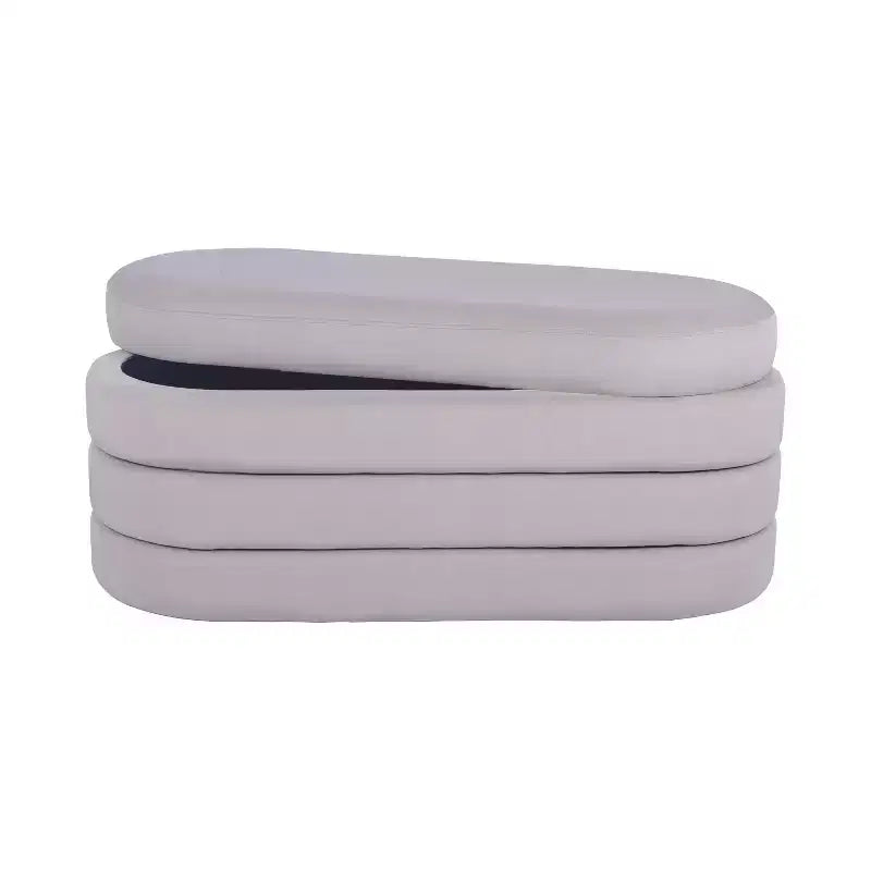 Banc de rangement Okak moderne et élégant en tissu doux avec plateau en bois réversible, table basse ottoman confortable pour chambre à coucher, salon