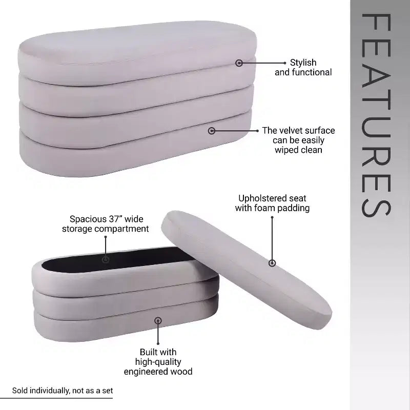 Banc de rangement Okak moderne et élégant en tissu doux avec plateau en bois réversible, table basse ottoman confortable pour chambre à coucher, salon