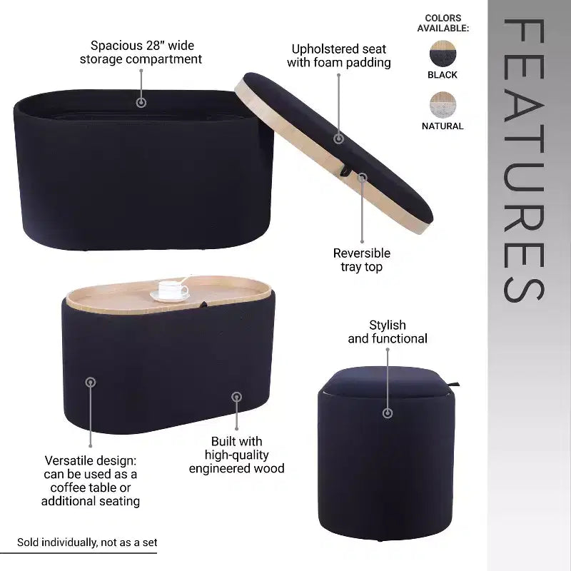Banc de rangement Okak moderne et élégant en tissu doux avec plateau en bois réversible, table basse ottoman confortable pour chambre à coucher, salon