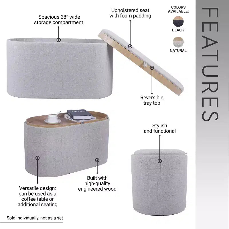 Banc de rangement Okak moderne et élégant en tissu doux avec plateau en bois réversible, table basse ottoman confortable pour chambre à coucher, salon