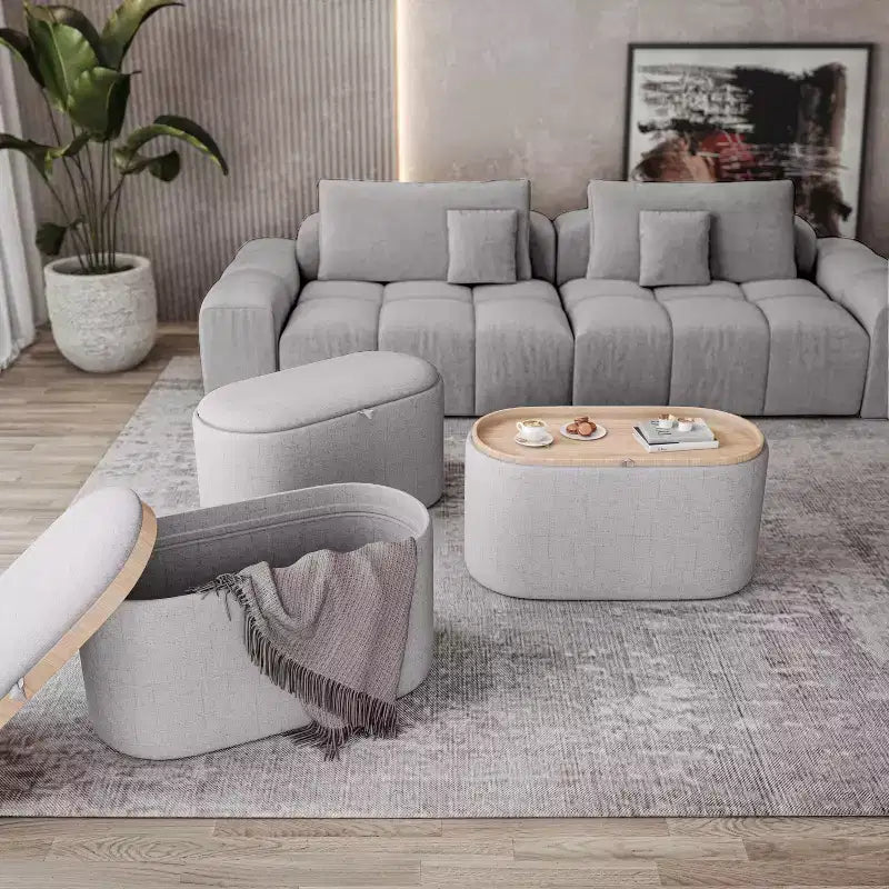 Banc de rangement Okak moderne et élégant en tissu doux avec plateau en bois réversible, table basse ottoman confortable pour chambre à coucher, salon