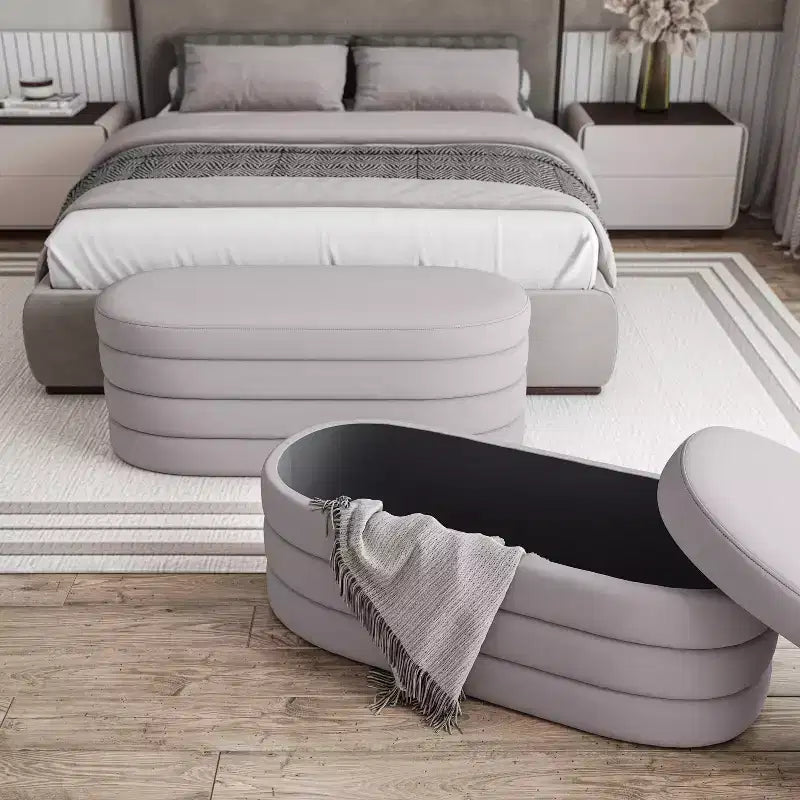 Banc de rangement Okak moderne et élégant en tissu doux avec plateau en bois réversible, table basse ottoman confortable pour chambre à coucher, salon