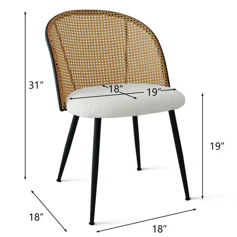 Chaises de salle à manger en rotin, lot de 4, chaises d'appoint de cuisine modernes sans accoudoirs avec dossier en canne tressée, assise en bouclé blanc et pieds en métal noir – Panipeachy