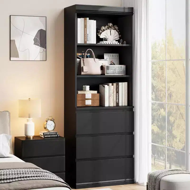 Bibliothèque haute Acekool 70 avec tiroirs, meuble de rangement moderne en bois profond pour bureau ou cuisine