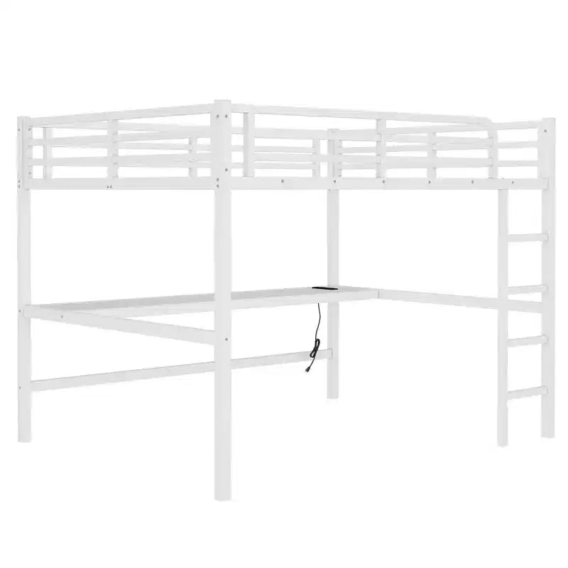 Lit mezzanine Bellemave en métal, taille Queen, avec prise de courant et éclairage LED, peu encombrant, réduction du bruit, blanc