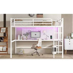 Lit mezzanine Bellemave en métal, taille Queen, avec prise de courant et éclairage LED, peu encombrant, réduction du bruit, blanc