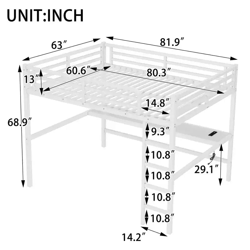 Lit mezzanine Bellemave en métal, taille Queen, avec prise de courant et éclairage LED, peu encombrant, réduction du bruit, blanc
