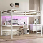 Lit mezzanine Bellemave en métal, taille Queen, avec prise de courant et éclairage LED, peu encombrant, réduction du bruit, blanc