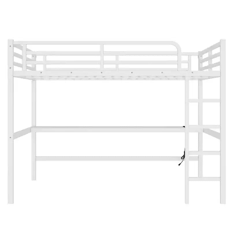Lit mezzanine Bellemave en métal, taille Queen, avec prise de courant et éclairage LED, peu encombrant, réduction du bruit, blanc