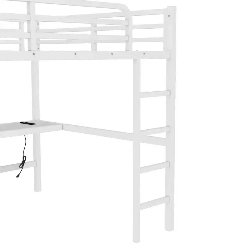Lit mezzanine Bellemave en métal, taille Queen, avec prise de courant et éclairage LED, peu encombrant, réduction du bruit, blanc