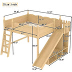 Lit mezzanine Bellemave Queen avec garde-corps, étagères de rangement et armoire, cadre de lit mezzanine en bois massif avec toboggan détachable et échelles pour enfants, naturel