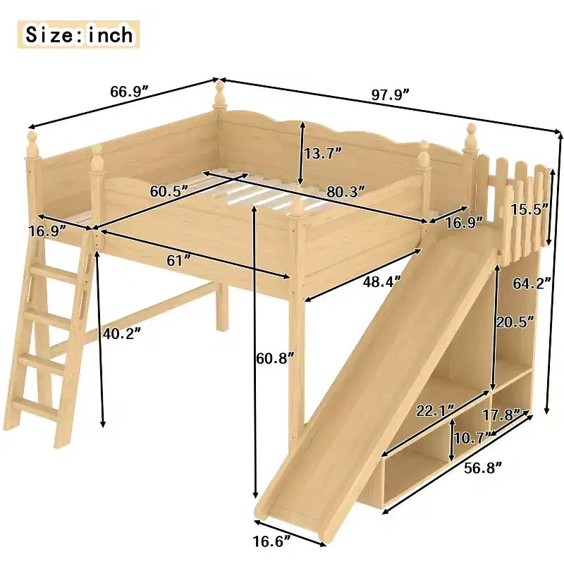 Lit mezzanine Bellemave Queen avec garde-corps, étagères de rangement et armoire, cadre de lit mezzanine en bois massif avec toboggan détachable et échelles pour enfants, naturel