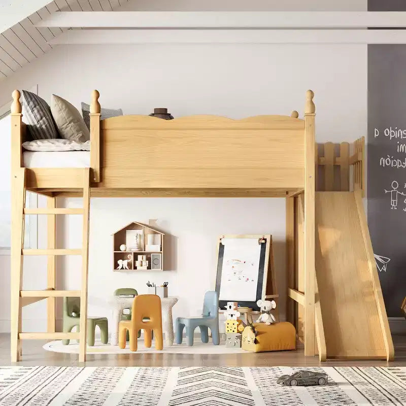 Lit mezzanine Bellemave Queen avec garde-corps, étagères de rangement et armoire, cadre de lit mezzanine en bois massif avec toboggan détachable et échelles pour enfants, naturel