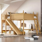 Lit mezzanine Bellemave Queen avec garde-corps, étagères de rangement et armoire, cadre de lit mezzanine en bois massif avec toboggan détachable et échelles pour enfants, naturel