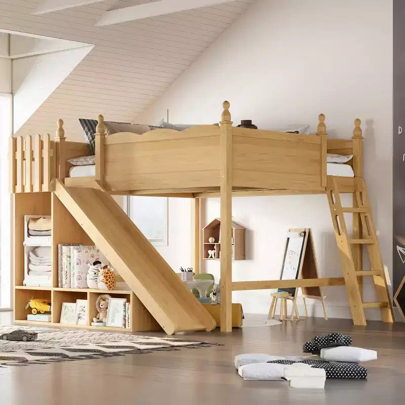 Lit mezzanine Bellemave Queen avec garde-corps, étagères de rangement et armoire, cadre de lit mezzanine en bois massif avec toboggan détachable et échelles pour enfants, naturel