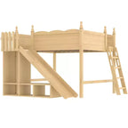 Lit mezzanine Bellemave Queen avec garde-corps, étagères de rangement et armoire, cadre de lit mezzanine en bois massif avec toboggan détachable et échelles pour enfants, naturel