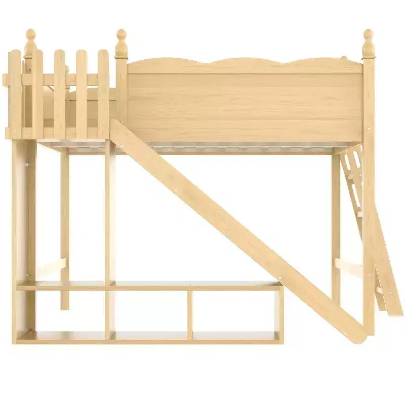 Lit mezzanine Bellemave Queen avec garde-corps, étagères de rangement et armoire, cadre de lit mezzanine en bois massif avec toboggan détachable et échelles pour enfants, naturel