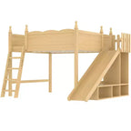 Lit mezzanine Bellemave Queen avec garde-corps, étagères de rangement et armoire, cadre de lit mezzanine en bois massif avec toboggan détachable et échelles pour enfants, naturel