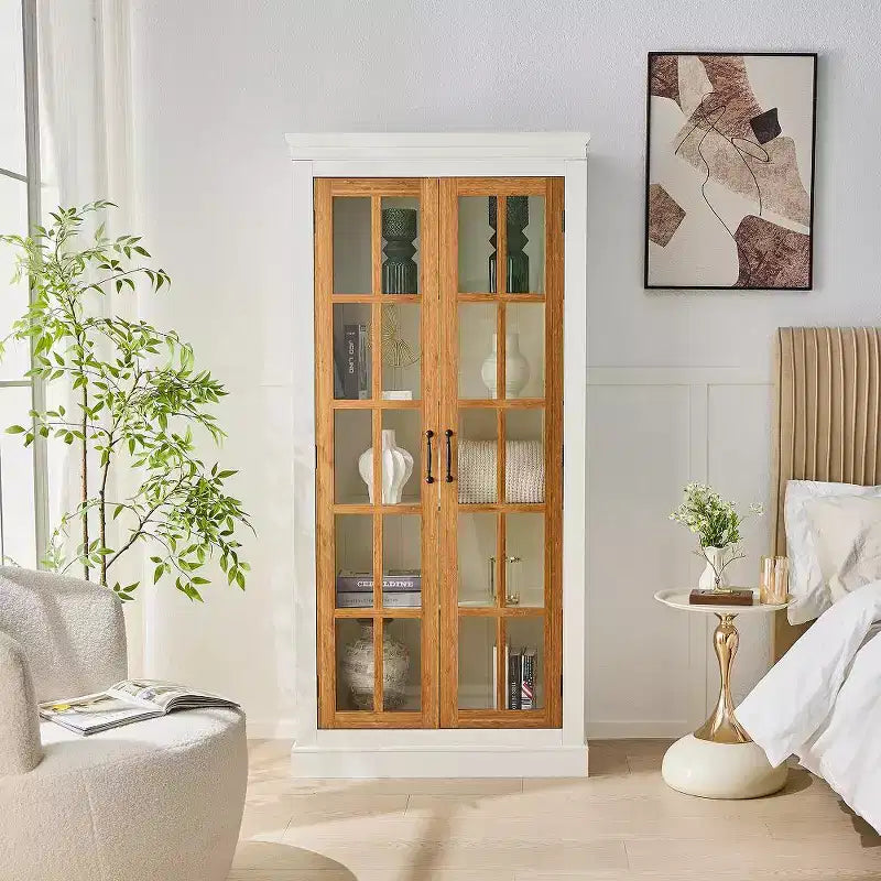 Vitrine haute de 180,8 cm avec portes en verre, vitrine d'exposition à 5 niveaux avec 2 étagères réglables et 2 étagères fixes