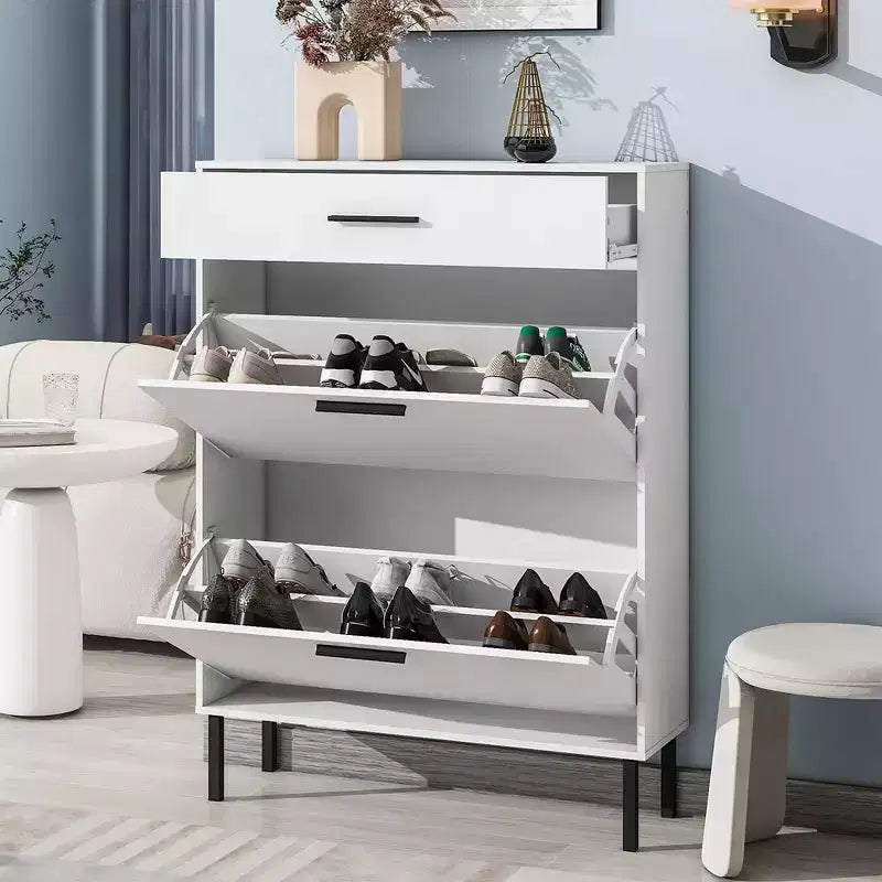 Meuble à chaussures, range-chaussures autoportant avec tiroirs et pieds en métal, meuble de rangement de chaussures moderne avec 2 tiroirs basculants pour l'entrée