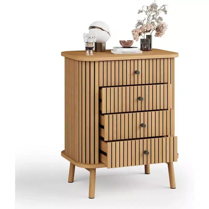 Commode à 4 tiroirs, Commode de chambre, Table de chevet, Commode en osier bohème avec pieds en bois pour un rangement spacieux dans le salon ou le couloir
