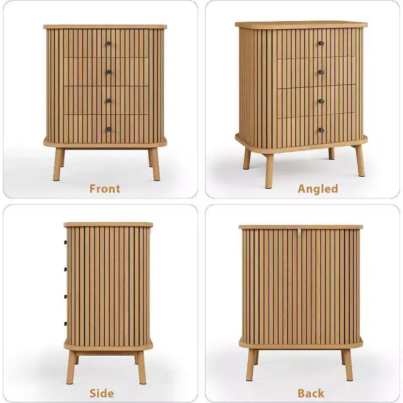 Commode à 4 tiroirs, Commode de chambre, Table de chevet, Commode en osier bohème avec pieds en bois pour un rangement spacieux dans le salon ou le couloir