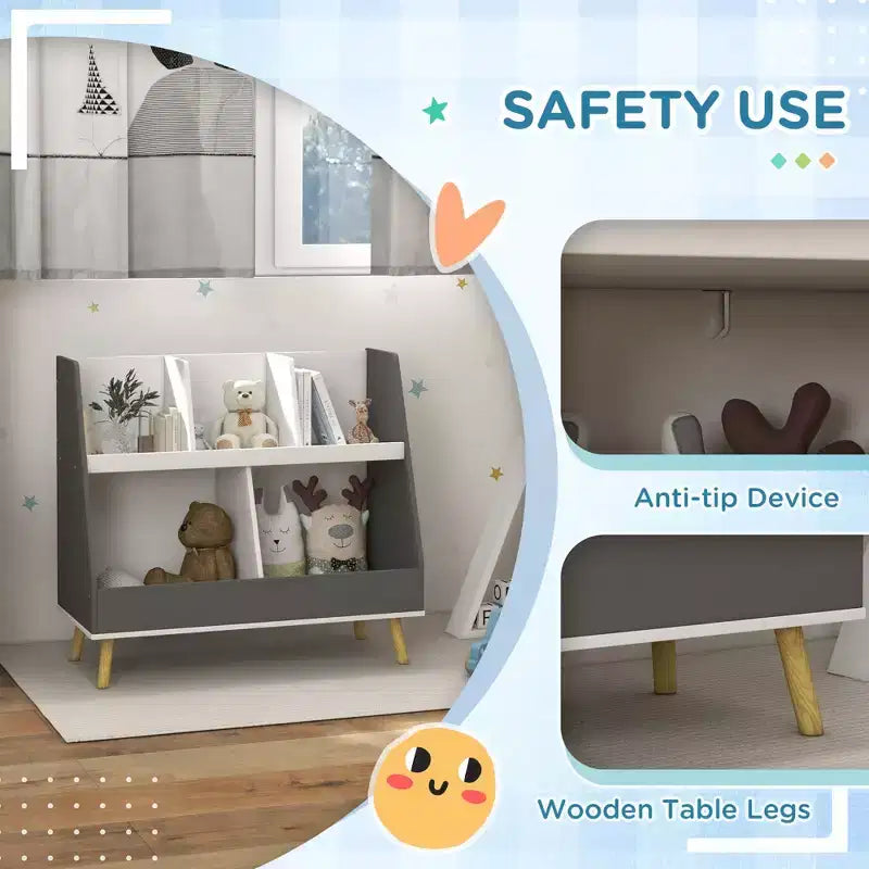 Étagère à livres et à jouets pour enfants, Étagère de rangement à 2 niveaux pour tout-petits avec 5 compartiments, Dispositif anti-basculement, Pieds en pin pour chambre d'enfant, salle de jeux, salle de classe, Gris