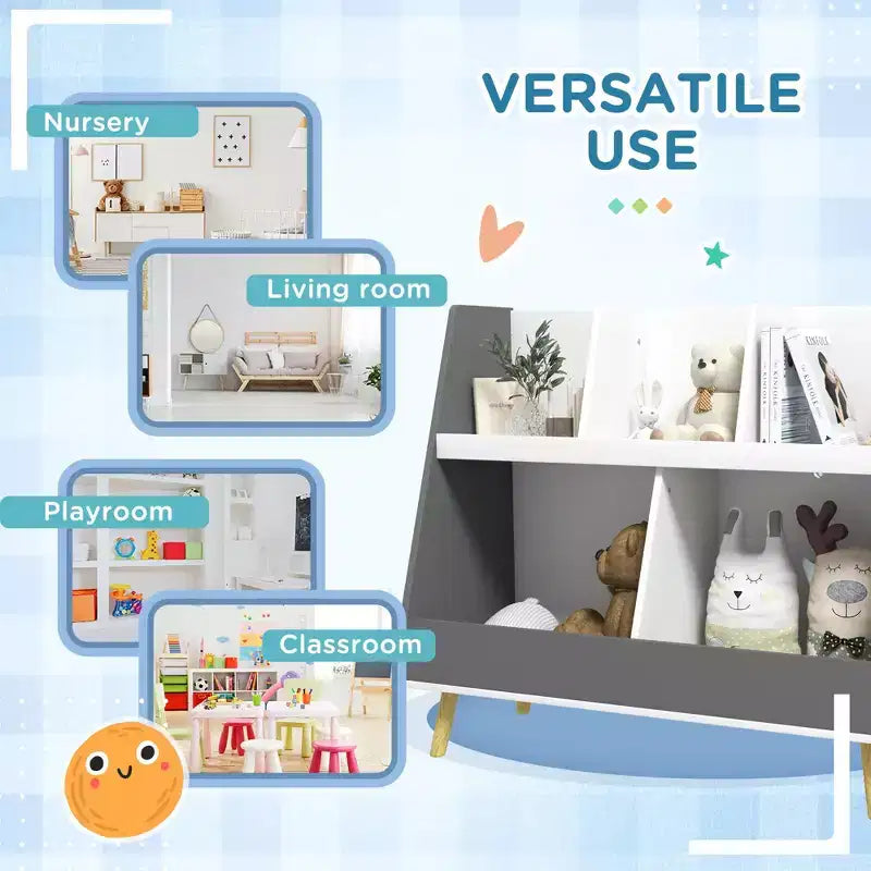 Étagère à livres et à jouets pour enfants, Étagère de rangement à 2 niveaux pour tout-petits avec 5 compartiments, Dispositif anti-basculement, Pieds en pin pour chambre d'enfant, salle de jeux, salle de classe, Gris