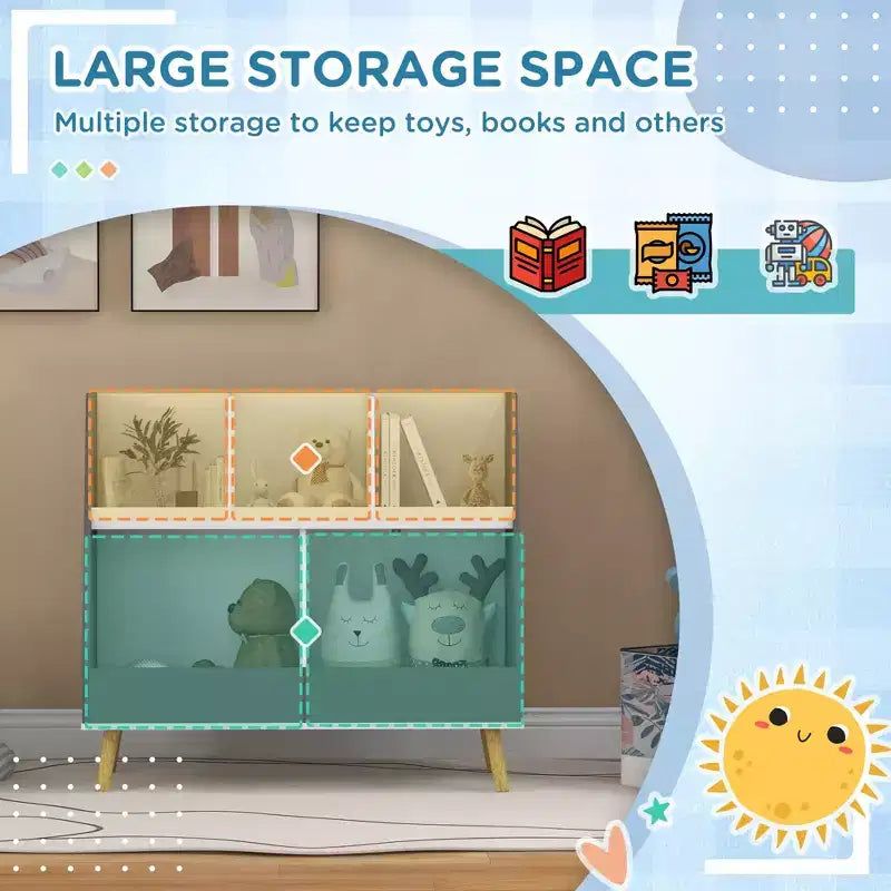Étagère à livres et à jouets pour enfants, Étagère de rangement à 2 niveaux pour tout-petits avec 5 compartiments, Dispositif anti-basculement, Pieds en pin pour chambre d'enfant, salle de jeux, salle de classe, Gris